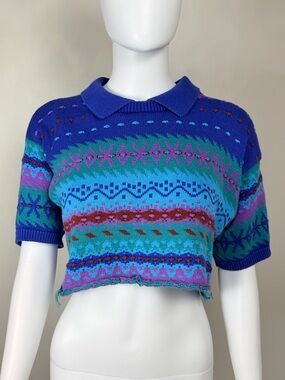 Vintage 80s Beldoch Popper Cropped Knit Sweater Polo Colorful Small